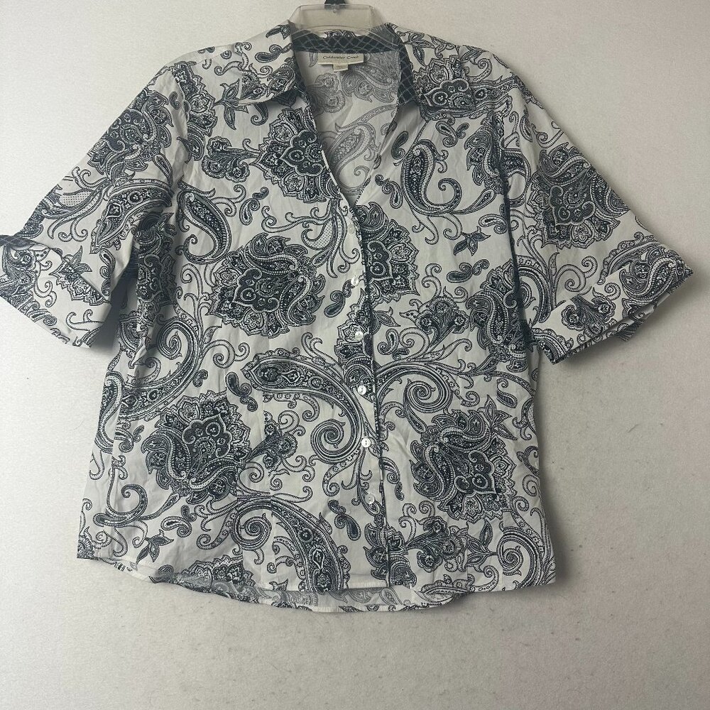Coldwater Creek shirt blouse sz  1X Black white Paisley V Neck office siren work